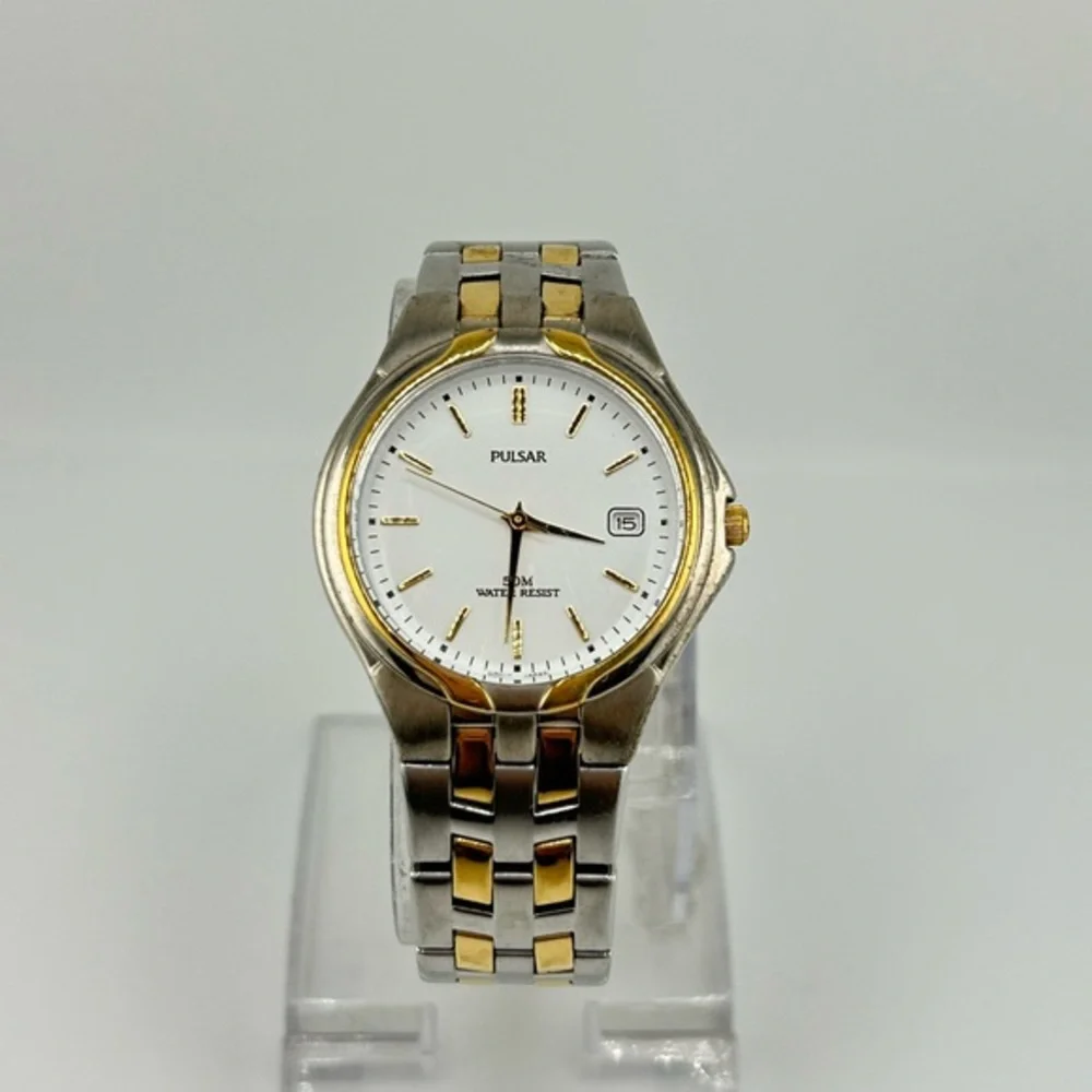 Pulsar Watch Men 35mm White Dial Two Tone Date Round #509